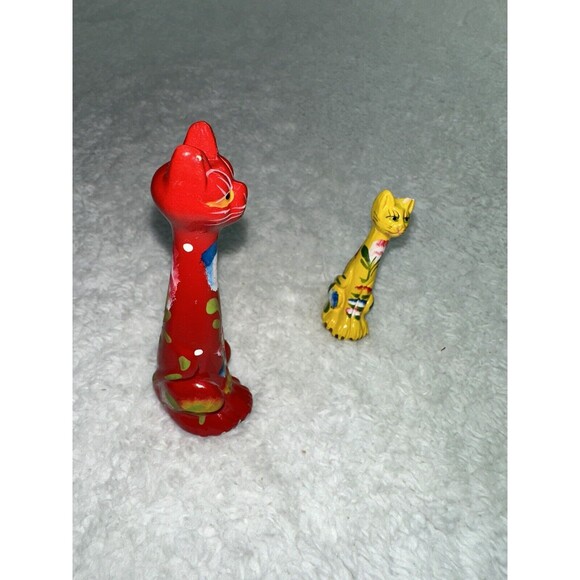 Folk Art Hand Painted Long Neck Cat Figurines 4” & 2.5” VTG MCM Anthropomorphic - Picture 14 of 16